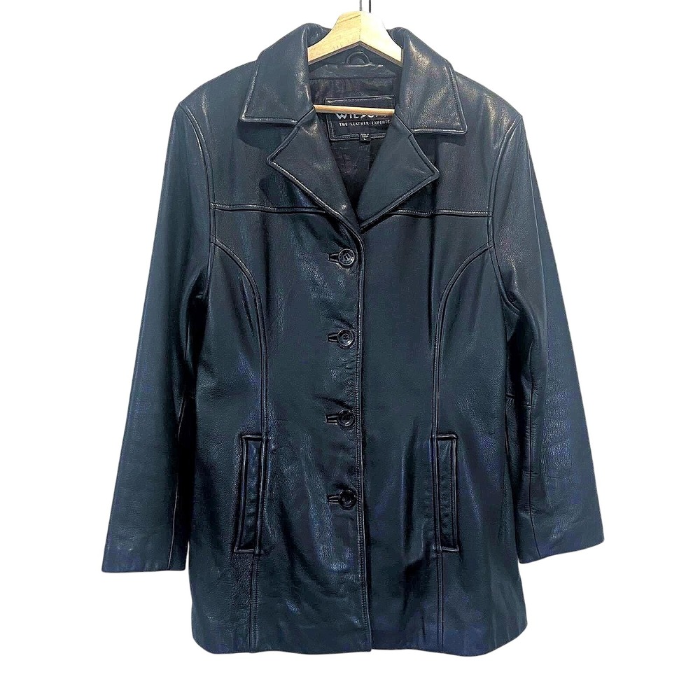 Wilsons Leather Jacket Black Buttoned Mid Length Coat Womens Large Y2K Retro Vtg